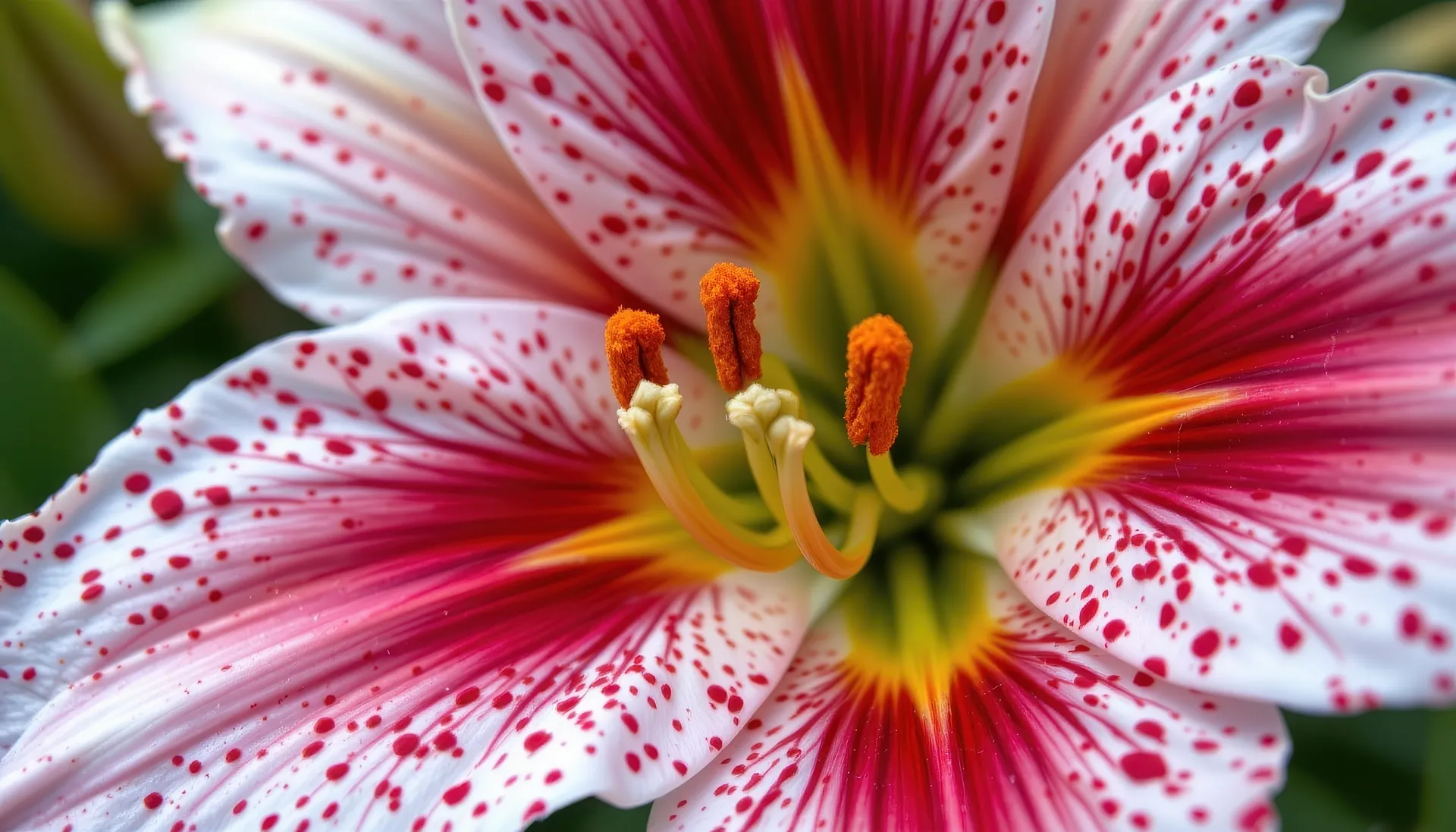 A stargazer lily in close-up, its pink petals edged in white and freckled with deep crimson spots